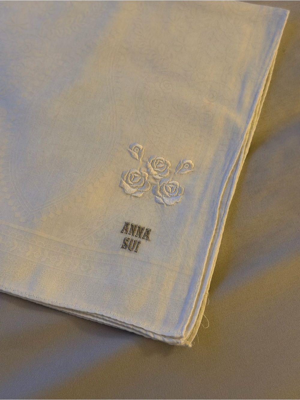 “Anna Sui” White Embroidered Rose & Floral Cotton Handkerchief Scarf